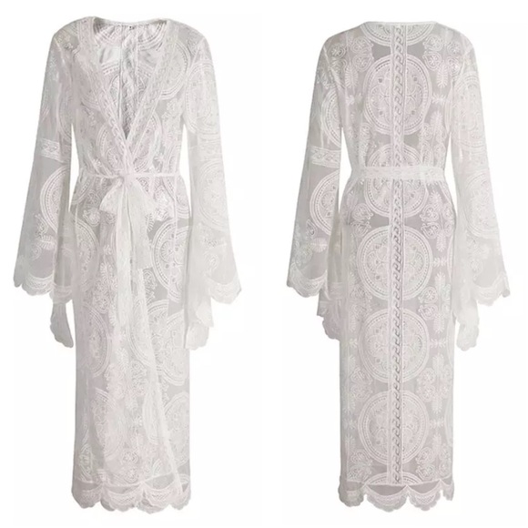 🎀 KIMONO ROBE CARDIGAN DUSTER LACE BOHO CHIC PURE WHITE BEACH SUMMER LONG MAXI - Picture 9 of 14